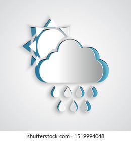 Paper cut Cloud with rain and sun icon isolated on grey background. Rain cloud precipitation with rain drops. Paper art style. Vector Illustration