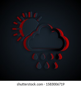 Paper cut Cloud with rain and sun icon isolated on black background. Rain cloud precipitation with rain drops. Paper art style. Vector Illustration