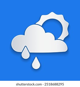 Paper cut Cloud with rain and sun icon isolated on blue background. Rain cloud precipitation with rain drops. Paper art style. Vector