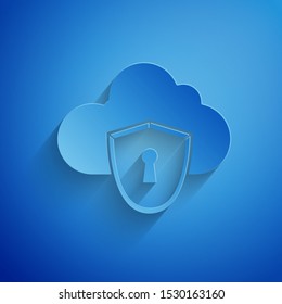Paper cut Cloud and shield icon isolated on blue background. Cloud storage data protection. Security, safety, protection, privacy concept. Paper art style. Vector Illustration