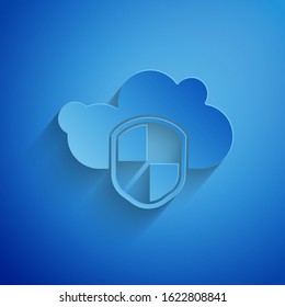 Paper cut Cloud and shield icon isolated on blue background. Cloud storage data protection. Security, safety, protection, privacy concept. Paper art style. Vector Illustration