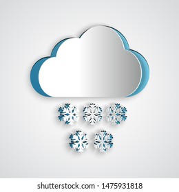 Paper cut Cloud with snow icon isolated on grey background. Cloud with snowflakes. Single weather icon. Snowing sign. Paper art style. Vector Illustration