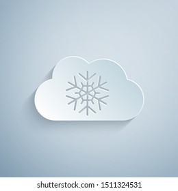 Paper cut Cloud with snow icon isolated on grey background. Cloud with snowflakes. Single weather icon. Snowing sign. Paper art style. Vector Illustration