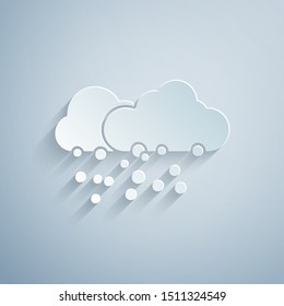 Paper cut Cloud with snow icon isolated on grey background. Cloud with snowflakes. Single weather icon. Snowing sign. Paper art style. Vector Illustration