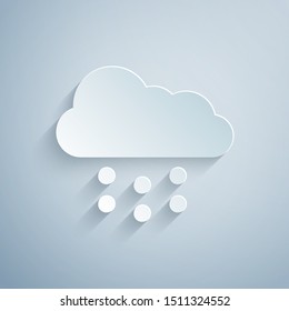 Paper cut Cloud with snow icon isolated on grey background. Cloud with snowflakes. Single weather icon. Snowing sign. Paper art style. Vector Illustration