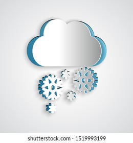 Paper cut Cloud with snow icon isolated on grey background. Cloud with snowflakes. Single weather icon. Snowing sign. Paper art style. Vector Illustration