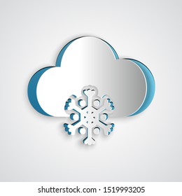 Paper cut Cloud with snow icon isolated on grey background. Cloud with snowflakes. Single weather icon. Snowing sign. Paper art style. Vector Illustration