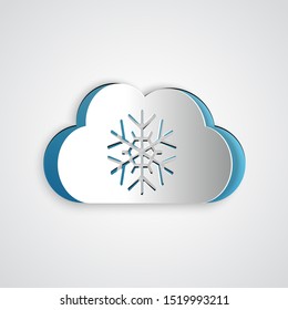 Paper cut Cloud with snow icon isolated on grey background. Cloud with snowflakes. Single weather icon. Snowing sign. Paper art style. Vector Illustration