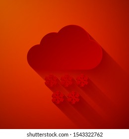 Paper cut Cloud with snow icon isolated on red background. Cloud with snowflakes. Single weather icon. Snowing sign. Paper art style. Vector Illustration