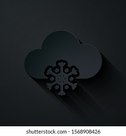 Paper cut Cloud with snow icon isolated on black background. Cloud with snowflakes. Single weather icon. Snowing sign. Paper art style. Vector Illustration