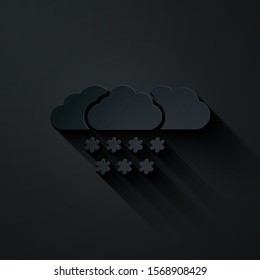 Paper cut Cloud with snow icon isolated on black background. Cloud with snowflakes. Single weather icon. Snowing sign. Paper art style. Vector Illustration
