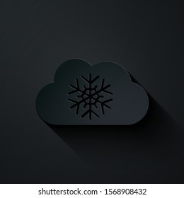 Paper cut Cloud with snow icon isolated on black background. Cloud with snowflakes. Single weather icon. Snowing sign. Paper art style. Vector Illustration