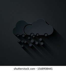 Paper cut Cloud with snow icon isolated on black background. Cloud with snowflakes. Single weather icon. Snowing sign. Paper art style. Vector Illustration