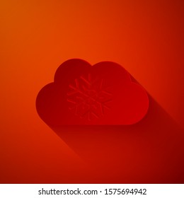Paper cut Cloud with snow icon isolated on red background. Cloud with snowflakes. Single weather icon. Snowing sign. Paper art style. Vector Illustration