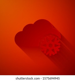 Paper cut Cloud with snow icon isolated on red background. Cloud with snowflakes. Single weather icon. Snowing sign. Paper art style. Vector Illustration