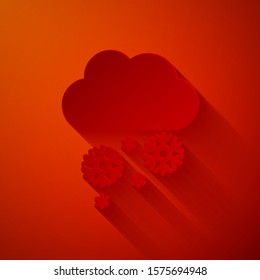 Paper cut Cloud with snow icon isolated on red background. Cloud with snowflakes. Single weather icon. Snowing sign. Paper art style. Vector Illustration