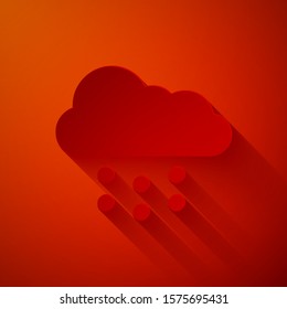 Paper cut Cloud with snow icon isolated on red background. Cloud with snowflakes. Single weather icon. Snowing sign. Paper art style. Vector Illustration