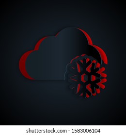 Paper cut Cloud with snow icon isolated on black background. Cloud with snowflakes. Single weather icon. Snowing sign. Paper art style. Vector Illustration