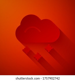 Paper cut Cloud with snow icon isolated on red background. Cloud with snowflakes. Single weather icon. Snowing sign. Paper art style. Vector Illustration