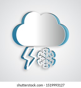 Paper cut Cloud with snow and lightning icon isolated on grey background. Cloud with snowflakes. Single weather icon. Snowing sign. Paper art style. Vector Illustration