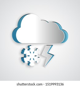 Paper cut Cloud with snow and lightning icon isolated on grey background. Cloud with snowflakes. Single weather icon. Snowing sign. Paper art style. Vector Illustration