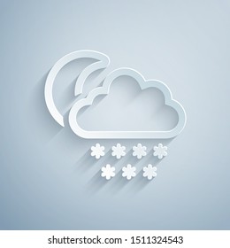 Paper cut Cloud with snow and moon icon isolated on grey background. Cloud with snowflakes. Single weather icon. Snowing sign. Paper art style. Vector Illustration