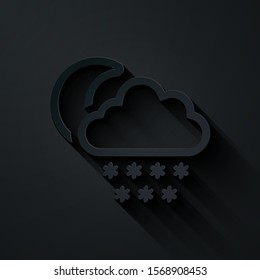 Paper cut Cloud with snow and moon icon isolated on black background. Cloud with snowflakes. Single weather icon. Snowing sign. Paper art style. Vector Illustration