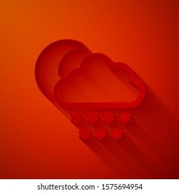 Paper cut Cloud with snow and moon icon isolated on red background. Cloud with snowflakes. Single weather icon. Snowing sign. Paper art style. Vector Illustration