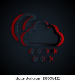 Paper cut Cloud with snow and moon icon isolated on black background. Cloud with snowflakes. Single weather icon. Snowing sign. Paper art style. Vector Illustration