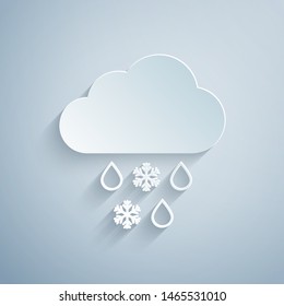 Paper cut Cloud with snow and rain icon isolated on grey background. Weather icon. Paper art style. Vector Illustration