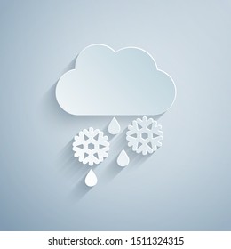Paper cut Cloud with snow, rain and moon icon isolated on grey background. Weather icon. Paper art style. Vector Illustration