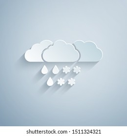 Paper cut Cloud with snow and rain icon isolated on grey background. Weather icon. Paper art style. Vector Illustration
