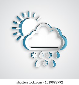 Paper cut Cloud with snow, rain and sun icon isolated on grey background. Weather icon. Paper art style. Vector Illustration