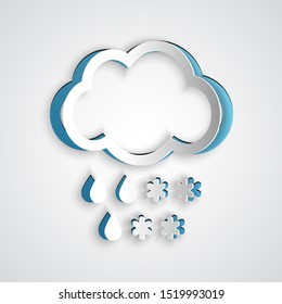 Paper cut Cloud with snow and rain icon isolated on grey background. Weather icon. Paper art style. Vector Illustration
