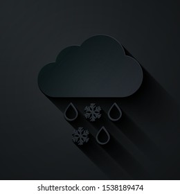 Paper cut Cloud with snow and rain icon isolated on black background. Weather icon. Paper art style. Vector Illustration