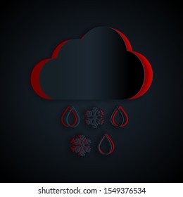 Paper cut Cloud with snow and rain icon isolated on black background. Weather icon. Paper art style. Vector Illustration