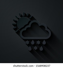 Paper cut Cloud with snow, rain and sun icon isolated on black background. Weather icon. Paper art style. Vector Illustration