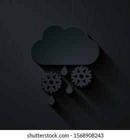 Paper cut Cloud with snow and rain icon isolated on black background. Weather icon. Paper art style. Vector Illustration