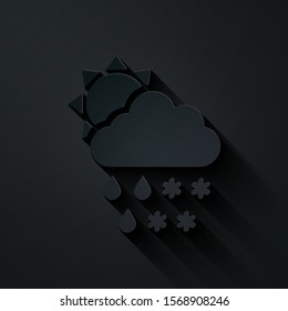 Paper cut Cloud with snow, rain and sun icon isolated on black background. Weather icon. Paper art style. Vector Illustration
