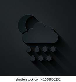 Paper cut Cloud with snow, rain and moon icon isolated on black background. Weather icon. Paper art style. Vector Illustration