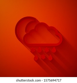 Paper cut Cloud with snow, rain and moon icon isolated on red background. Weather icon. Paper art style. Vector Illustration