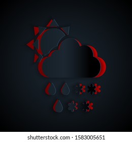 Paper cut Cloud with snow, rain and sun icon isolated on black background. Weather icon. Paper art style. Vector Illustration