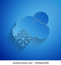 Paper cut Cloud with snow and sun icon isolated on blue background. Cloud with snowflakes. Single weather icon. Snowing sign. Paper art style. Vector Illustration
