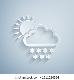Paper cut Cloud with snow and sun icon isolated on grey background. Cloud with snowflakes. Single weather icon. Snowing sign. Paper art style. Vector Illustration