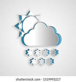 Paper cut Cloud with snow and sun icon isolated on grey background. Cloud with snowflakes. Single weather icon. Snowing sign. Paper art style. Vector Illustration