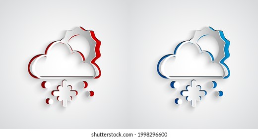 Paper cut Cloud with snow and sun icon isolated on grey background. Cloud with snowflakes. Single weather icon. Snowing sign. Paper art style. Vector