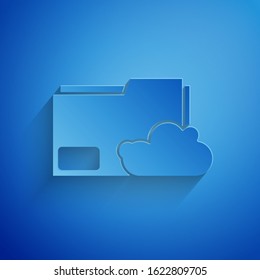 Paper cut Cloud storage text document folder icon isolated on blue background. Paper art style. Vector Illustration