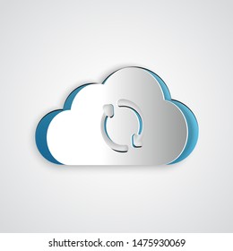 Paper cut Cloud sync refresh icon isolated on grey background. Cloud and arrows. Paper art style. Vector Illustration