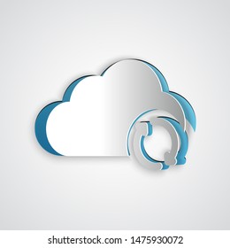 Paper cut Cloud sync refresh icon isolated on grey background. Cloud and arrows. Paper art style. Vector Illustration