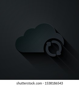Paper cut Cloud sync refresh icon isolated on black background. Cloud and arrows. Paper art style. Vector Illustration